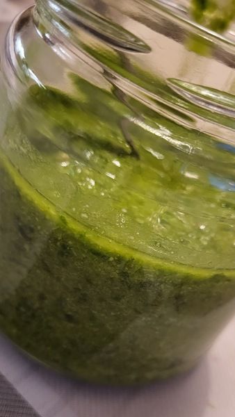 Es ist ein Glas voller leckerem, grünem Bärlauchpesto zu sehen. 